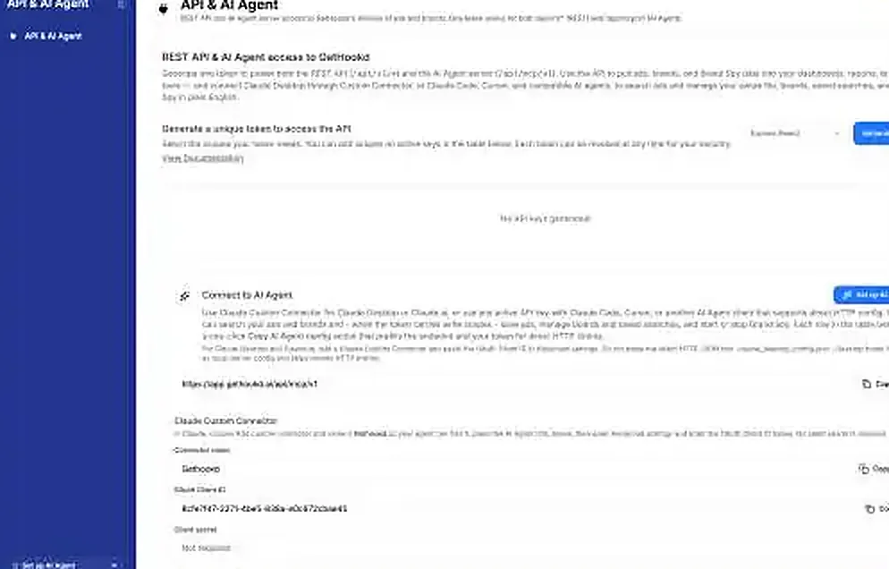 GetHookd.ai — API and AI Agent access for external clients