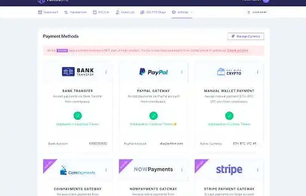 TokenLite — Payment methods — bank, PayPal and crypto gateways